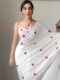 White Saree With Red Embroidered Hearts Ready To Wear Saree With Unstitched Blouse