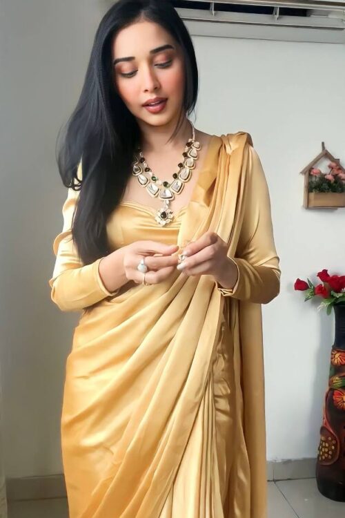 Plain Golden Satin Saree Ready To Wear Saree With Unstitched Blouse