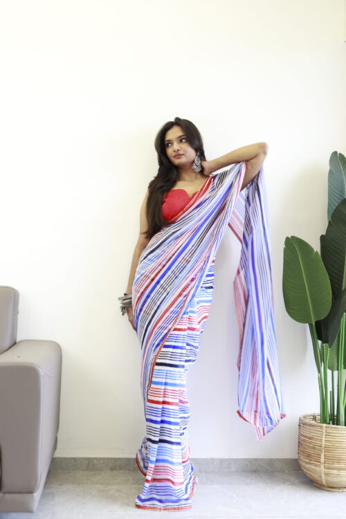 Multi-colored Striped Pattern Georgette Ready To Wear Saree With Unstitched Blouse