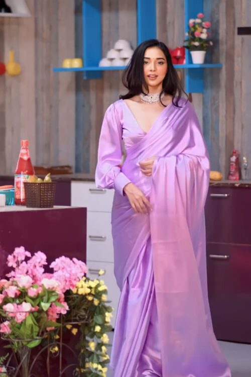 Satin Saree In Lavender And Pink Tones Ready To Wear Saree With Unstitched Blouse