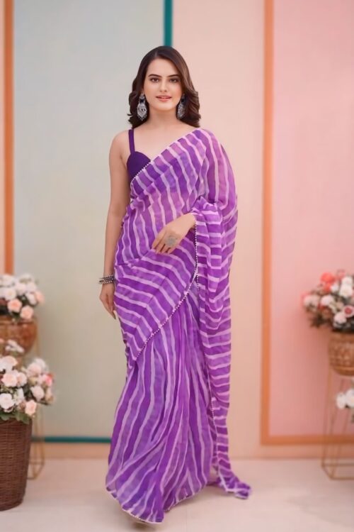 Purple And Lilac Striped Pattern Georgette Ready To Wear Saree With Unstitched Blouse