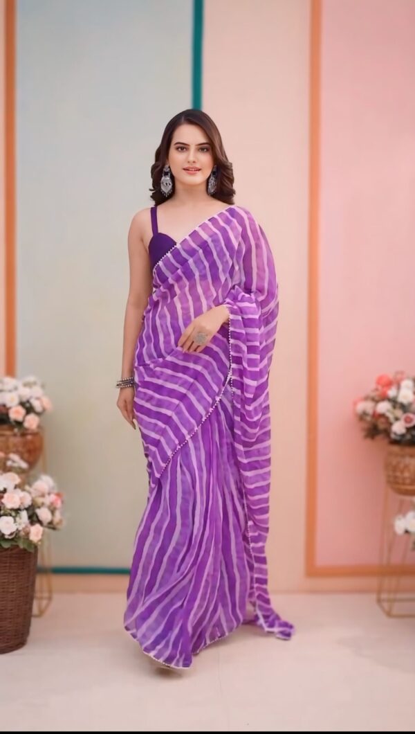 Purple And Lilac Striped Pattern Georgette Ready To Wear Saree With Unstitched Blouse