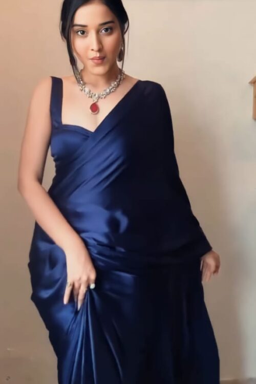 Navy Blue Satin Saree Ready To Wear Saree With Unstitched Blouse