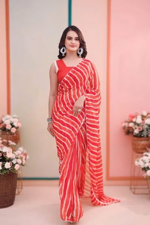 Red And White Wavy Stripes Georgette Ready To Wear Saree With Unstitched Blouse