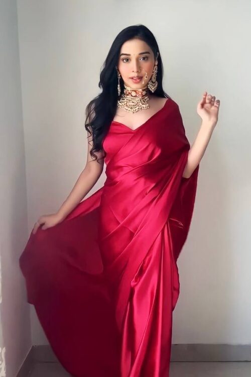 Red Satin Saree Ready To Wear Saree With Unstitched Blouse