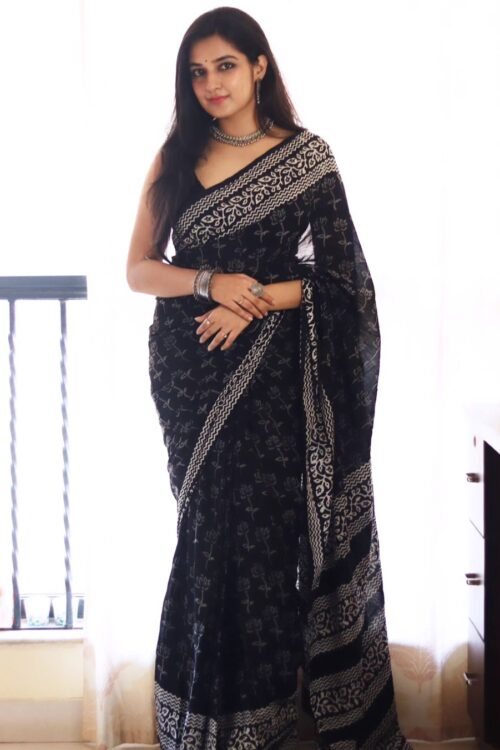 Black Color Soft Linen Handblock-inspired Geometric And Leaf Motifs Ready To Wear Saree With Unstitched Blouse