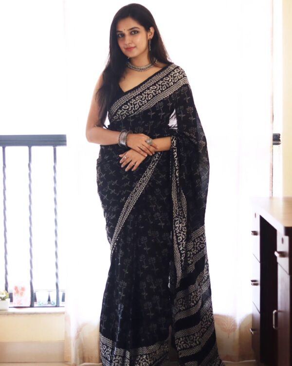Black Color Soft Linen Handblock-inspired Geometric And Leaf Motifs Ready To Wear Saree With Unstitched Blouse
