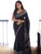 Black Color Soft Linen Handblock-inspired Geometric And Leaf Motifs Ready To Wear Saree With Unstitched Blouse