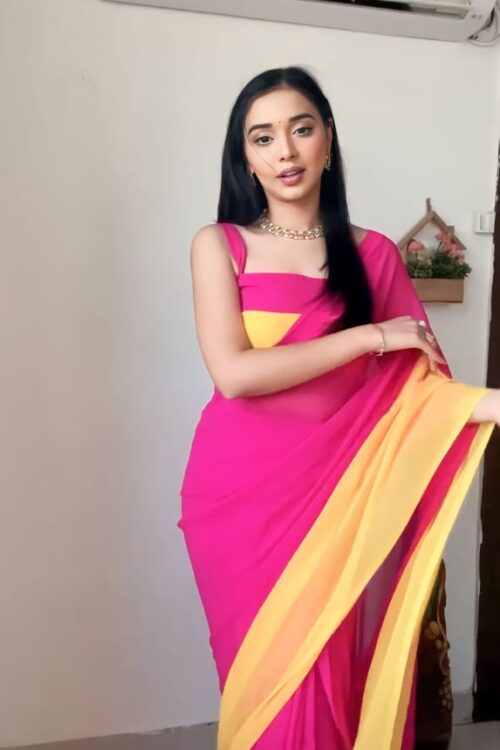 Bright Pink And Yellow Ombré Shades Georgette Ready To Wear Saree With Unstitched Blouse