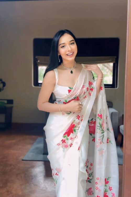 White Red And Pink Floral Prints Organza Ready To Wear Saree With Unstitched Blouse