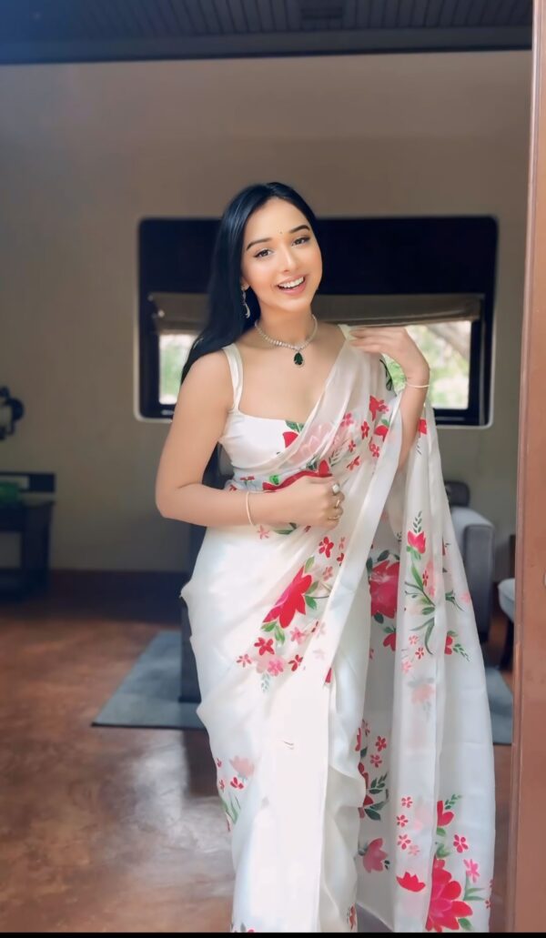 White Red And Pink Floral Prints Organza Ready To Wear Saree With Unstitched Blouse