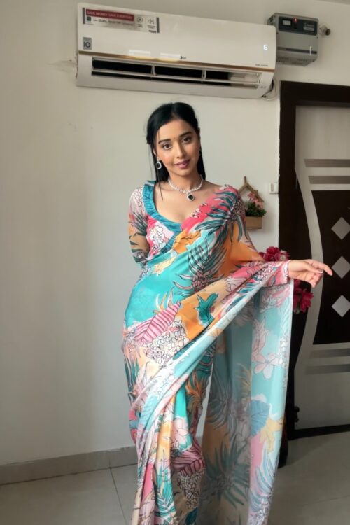 Sky Blue Multicolor Floral And Tropical Print Georgette Ready To Wear Saree With Unstitched Blouse