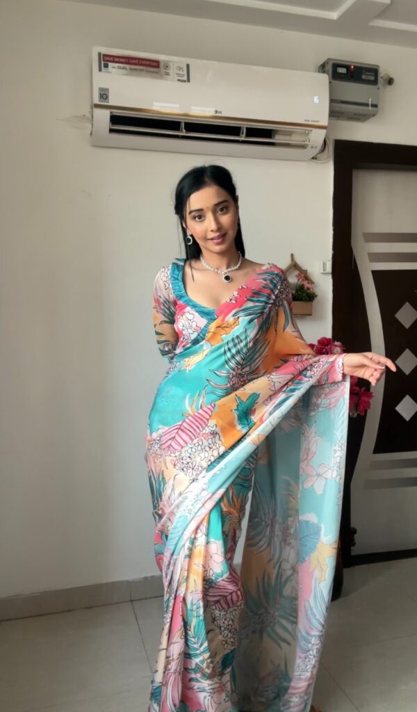 Sky Blue Multicolor Floral And Tropical Print Georgette Ready To Wear Saree With Unstitched Blouse