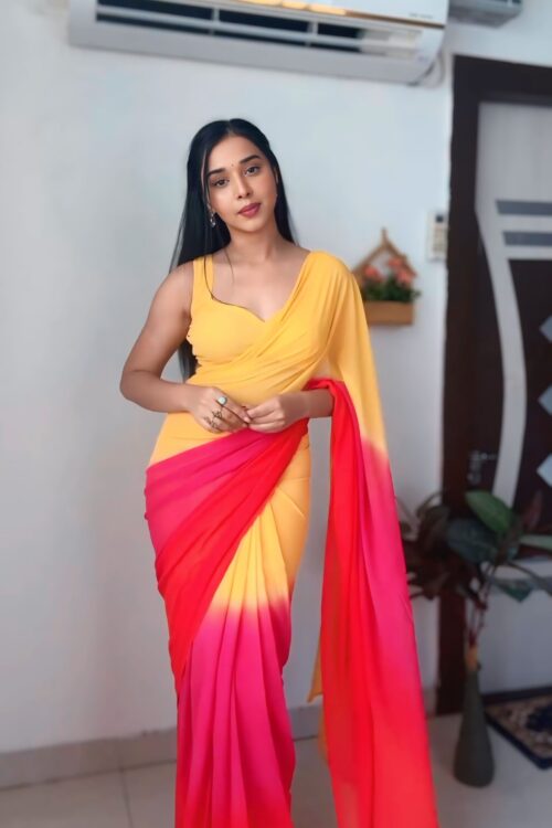Yellow-to-pink Ombre Gradient Georgette Ready To Wear Saree With Unstitched Blouse