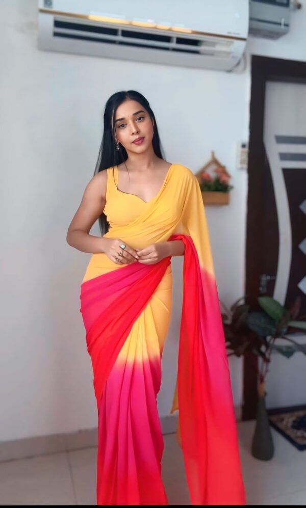 Yellow-to-pink Ombre Gradient Georgette Ready To Wear Saree With Unstitched Blouse