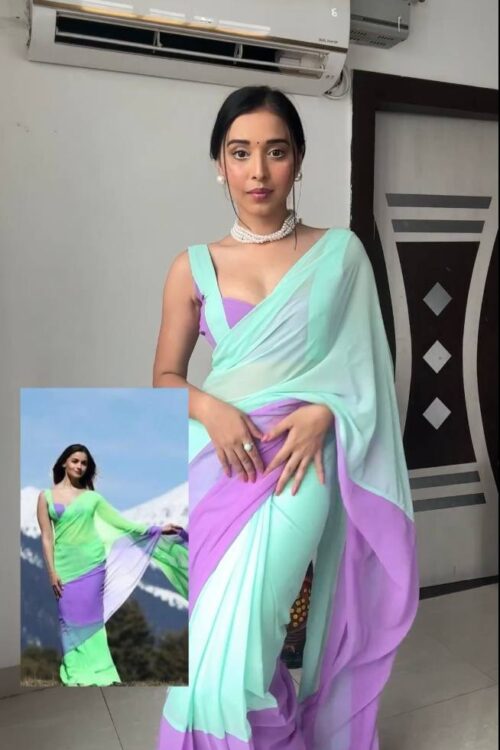 Mint Green And Lavender Omber Pattern Georgette Ready To Wear Saree With Unstitched Blouse