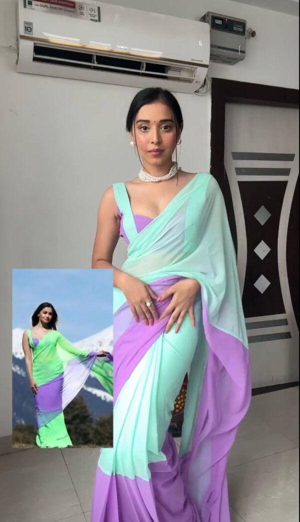 Mint Green And Lavender Omber Pattern Georgette Ready To Wear Saree With Unstitched Blouse