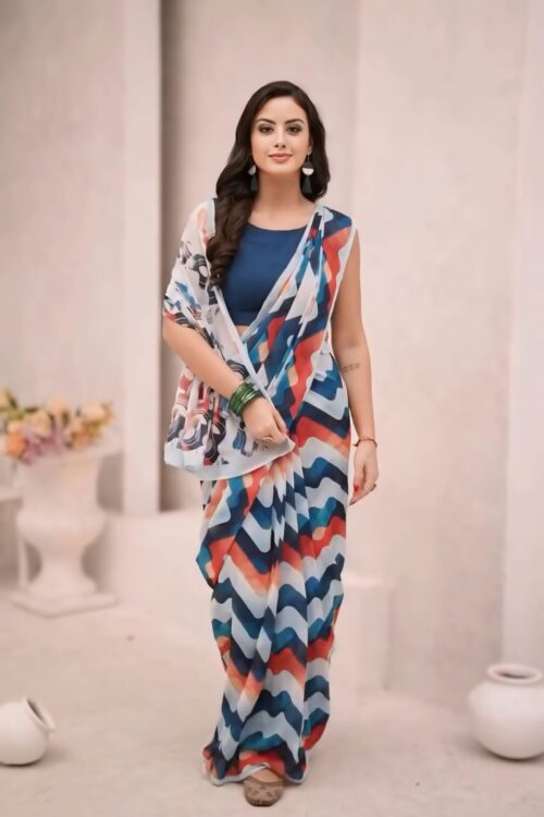 Multicolor Chevron Print In Shades Of Blue, Red, And White Georgette Ready To Wear Saree With Unstitched Blouse
