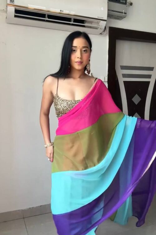 Pink, Olive Green, Aqua Blue, And Purple Omber Pattern Georgette Ready To Wear Saree With Unstitched Blouse