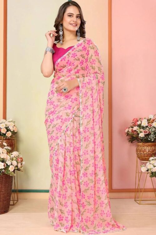 Soft Pink Floral Prints And Lace Border Georgette Ready To Wear Saree With Unstitched Blouse