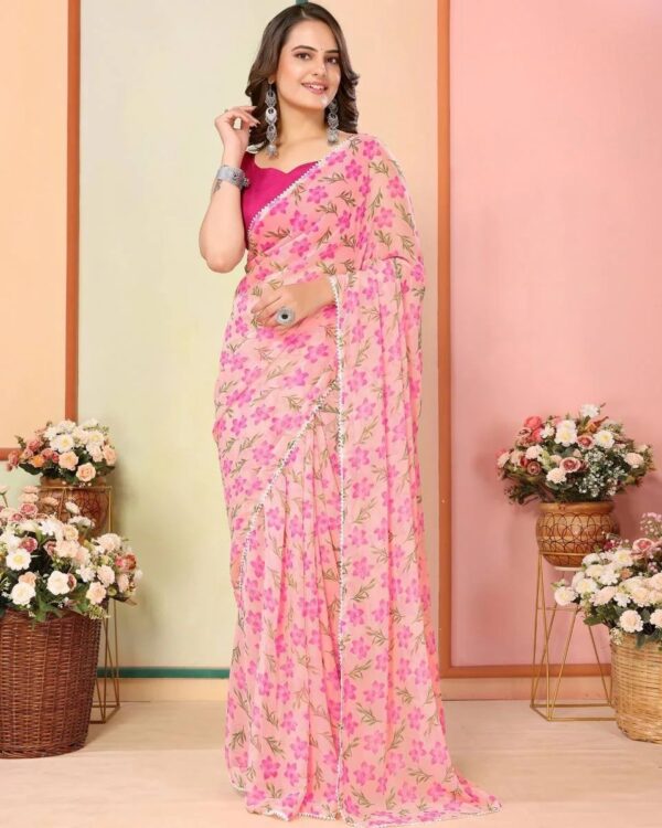 Soft Pink Floral Prints And Lace Border Georgette Ready To Wear Saree With Unstitched Blouse