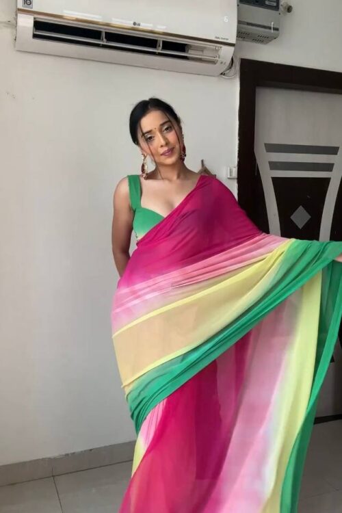 Pink, Yellow, And Green Omber Pattern Georgette Ready To Wear Saree With Unstitched Blouse