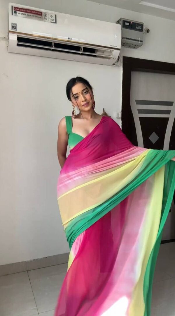 Pink, Yellow, And Green Omber Pattern Georgette Ready To Wear Saree With Unstitched Blouse