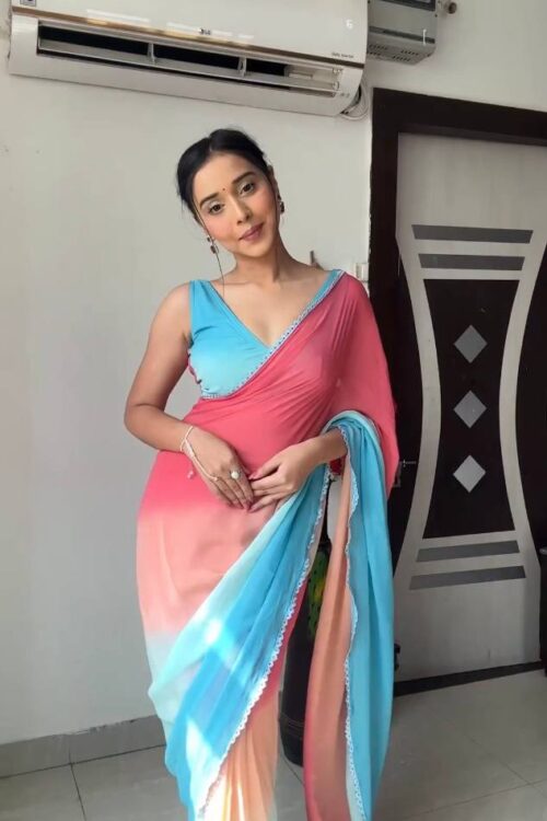 Pink, Olive Green, Aqua Blue, And Purple Omber Pattern Georgette Ready To Wear Saree With Unstitched Blouse