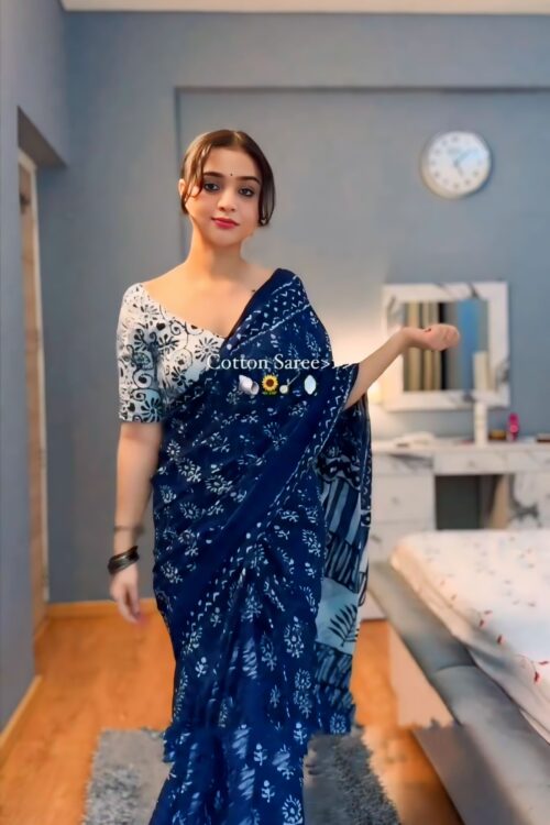 Navy Blue White Handblock-style Prints Linen Silk Ready To Wear Saree With Unstitched Blouse