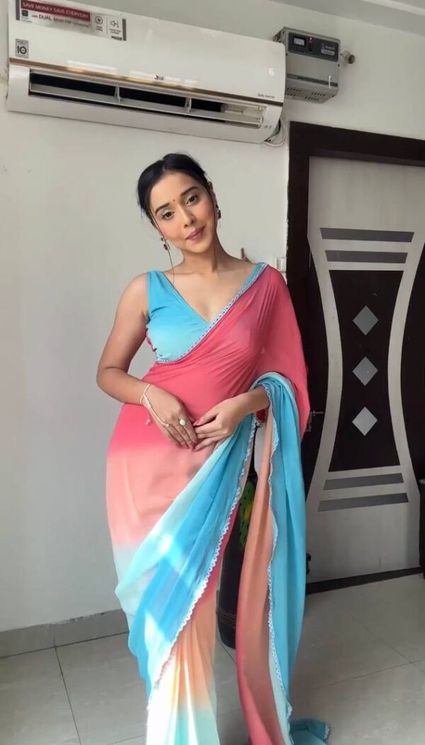 Pink, Olive Green, Aqua Blue, And Purple Omber Pattern Georgette Ready To Wear Saree With Unstitched Blouse
