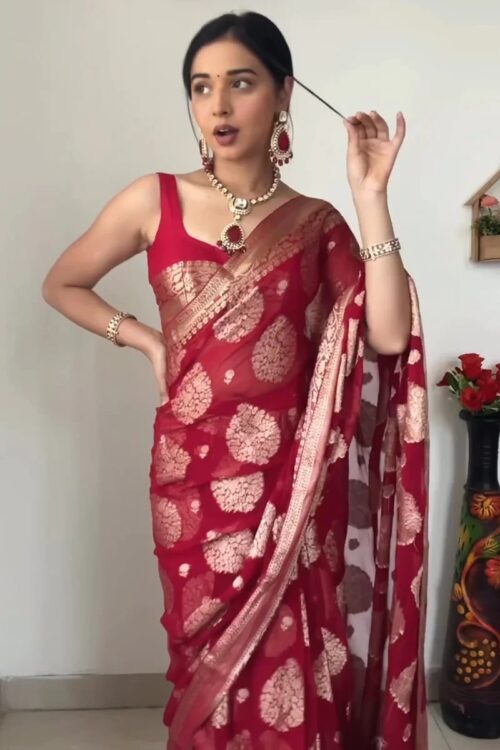 Maroon-red Hue banarasi silver zari motifs saree Ready To Wear Saree With Unstitched Blouse