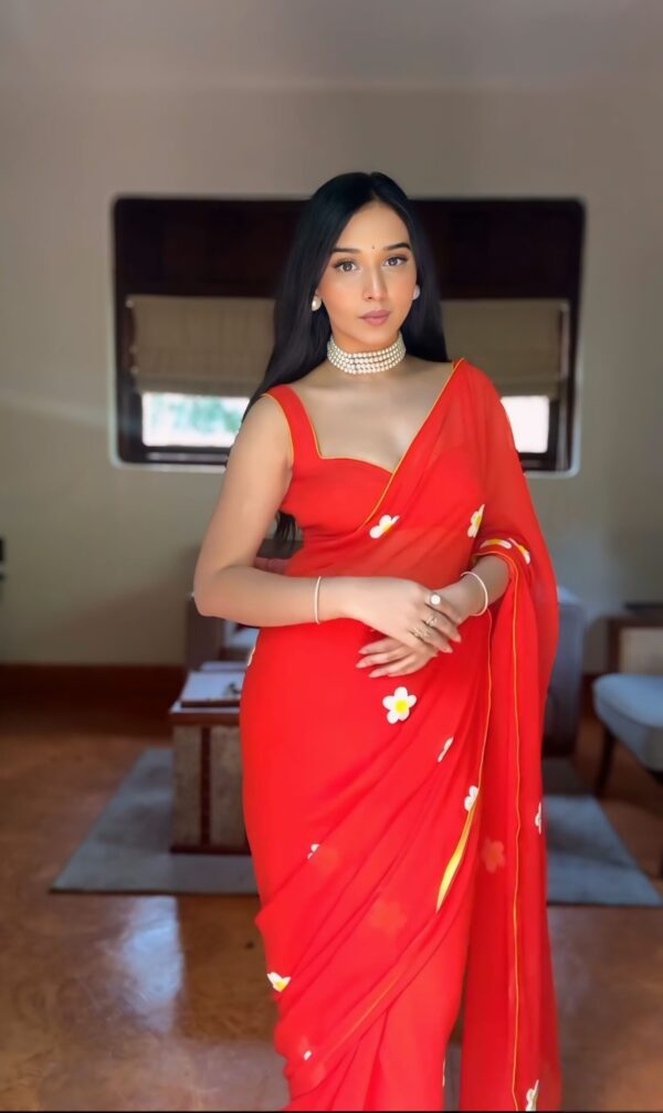 Bright Red White Floral Motifs Georgette Ready To Wear Saree With Unstitched Blouse