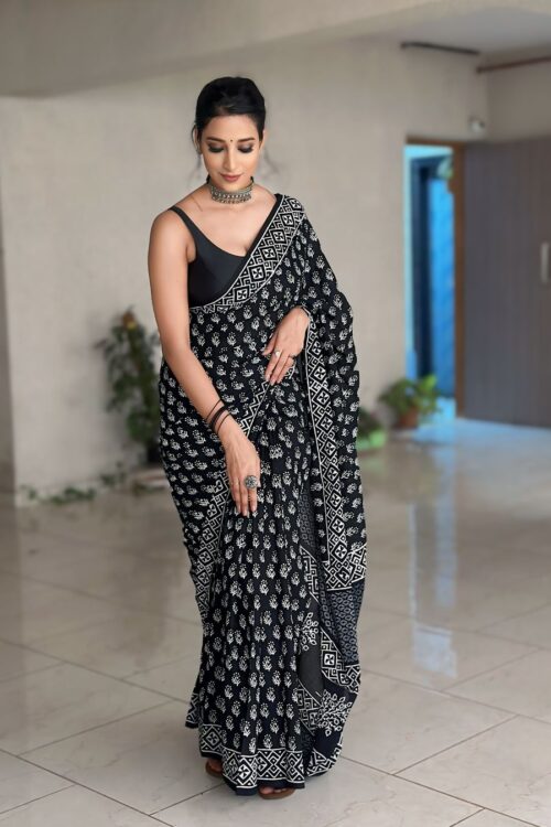 Soft Linen Black Color Ajrakh Block Print Ready To Wear Saree With Unstitched Blouse