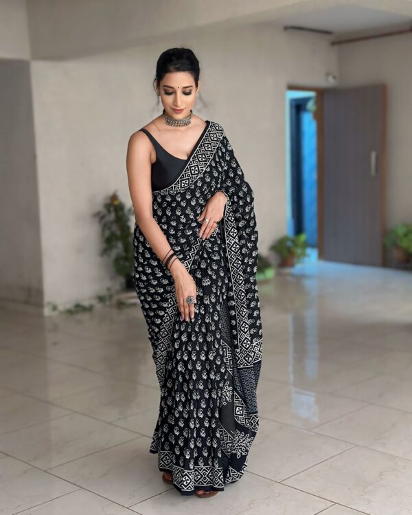 Soft Linen Black Color Ajrakh Block Print Ready To Wear Saree With Unstitched Blouse