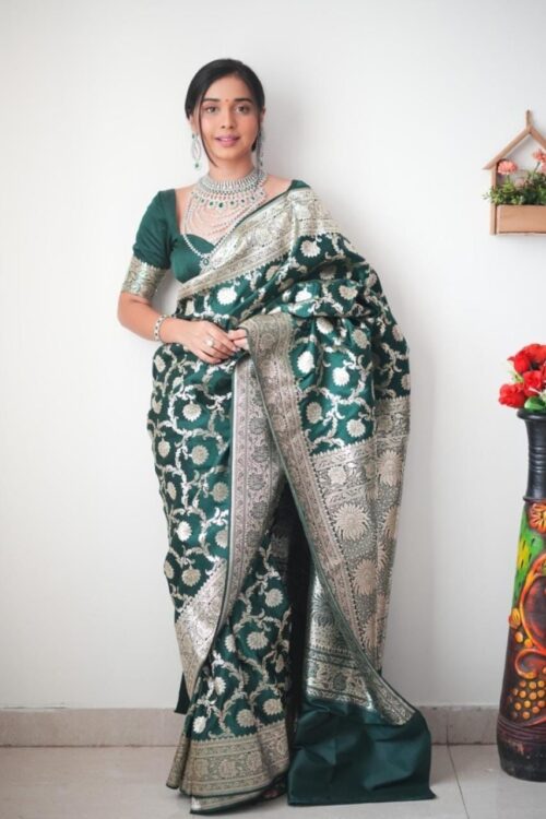 Bottle Green Shade Banarasi Silver Zari Floral Saree Ready To Wear Saree With Unstitched Blouse