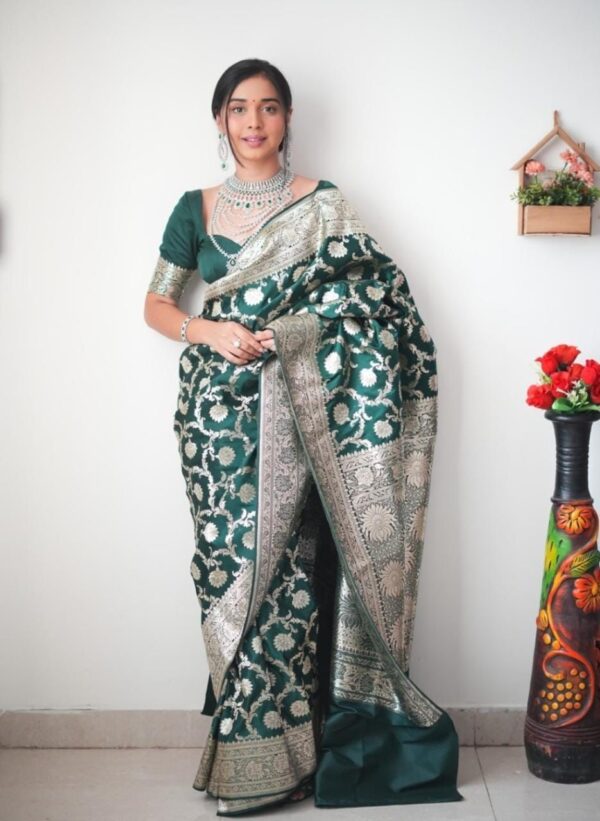 Bottle Green Shade Banarasi Silver Zari Floral Saree Ready To Wear Saree With Unstitched Blouse