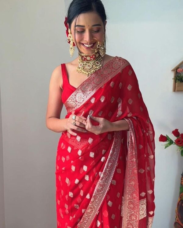 Red banarasi Golden Zari Motifs And Intricate Border Work Ready To Wear Saree With Unstitched Blouse