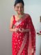 Red banarasi Golden Zari Motifs And Intricate Border Work Ready To Wear Saree With Unstitched Blouse