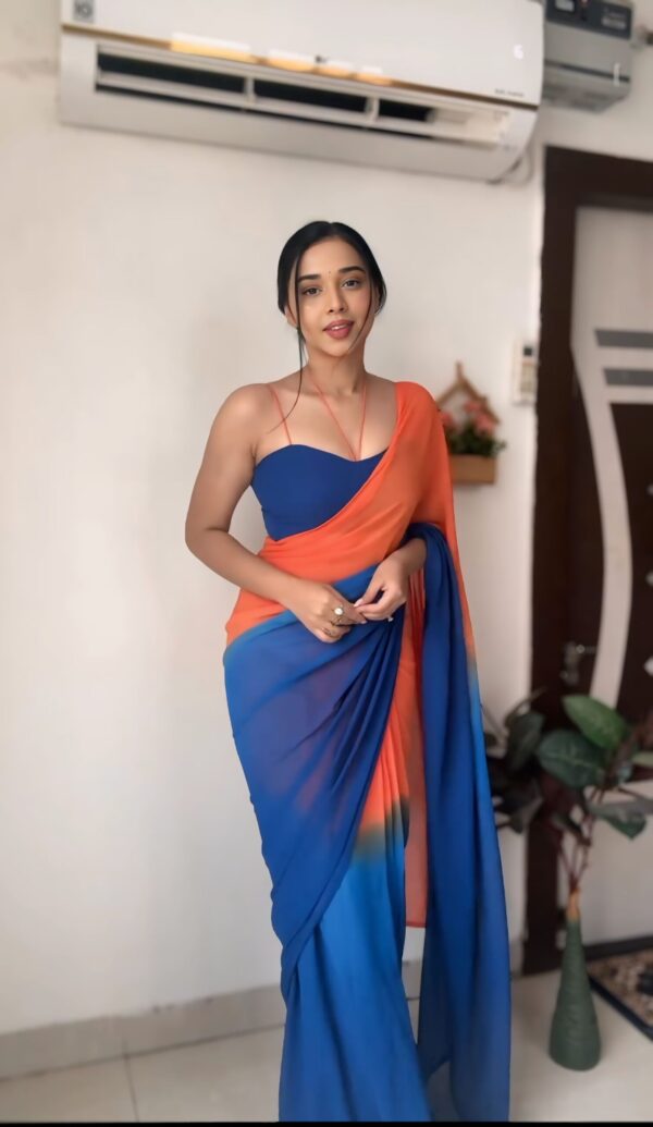 Orange and Blue Georgette ombre design Ready To Wear Saree With Unstitched Blouse - Image 4
