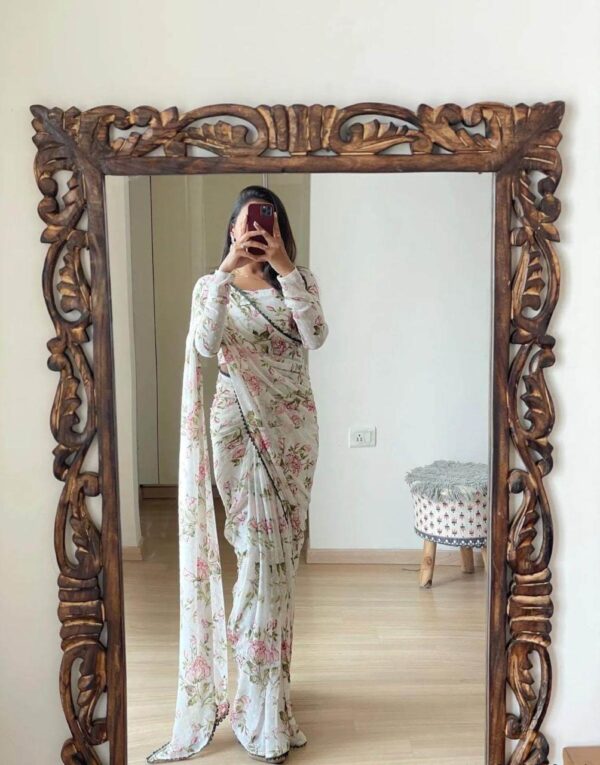 White,Pink And Green Floral Print Georgette Ready To Wear Saree With Unstitched Blouse - Image 3