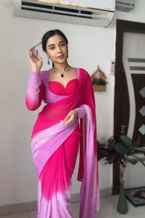 Pink To Lavender Georgette ombre design Ready To Wear Saree With Unstitched Blouse