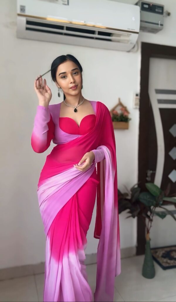 Pink To Lavender Georgette ombre design Ready To Wear Saree With Unstitched Blouse