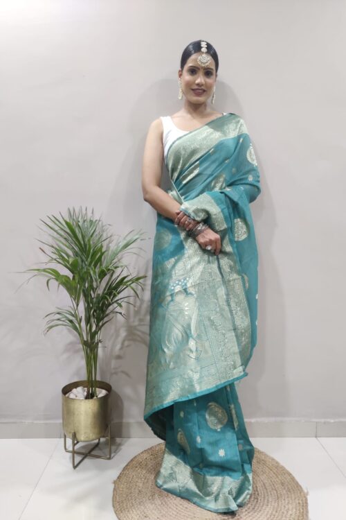 Teal Green Banarasi Silk Silver Zari Weaving And Traditional Motifs Ready To Wear Saree With Unstitched Blouse
