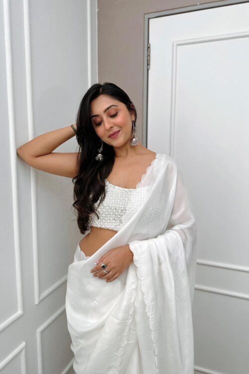 White Rangoli Silk With Scalloped Borders Ready To Wear Saree With Unstitched Sequin-Embroidered Blouse