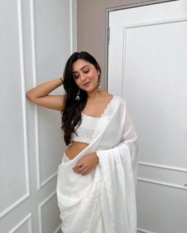White Rangoli Silk With Scalloped Borders Ready To Wear Saree With Unstitched Sequin-Embroidered Blouse