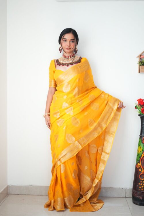 Yellow  Banarasi Silk Silver Zari Weaving And Traditional Motifs Ready To Wear Saree With Unstitched Blouse