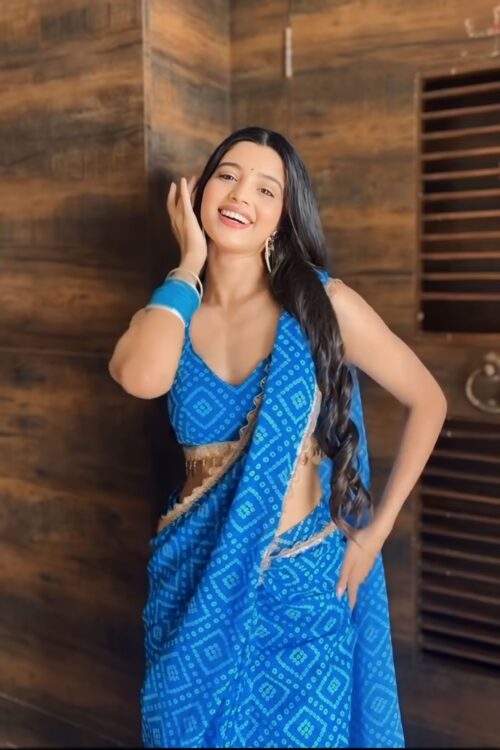 Blue Georgette Bandhani-style Geometric Print Ready To Wear Saree With Unstitched Blouse