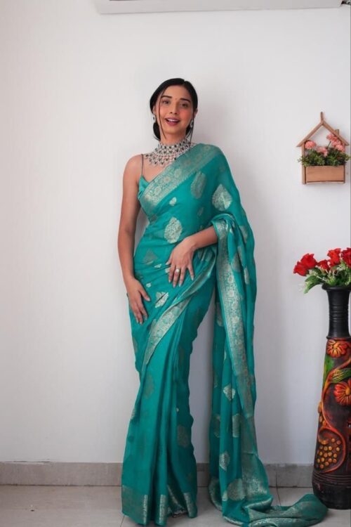 Teal Green Shade Color Banarasi Silk Silver Zari Weaving And Traditional Motifs Ready To Wear Saree With Unstitched Blouse