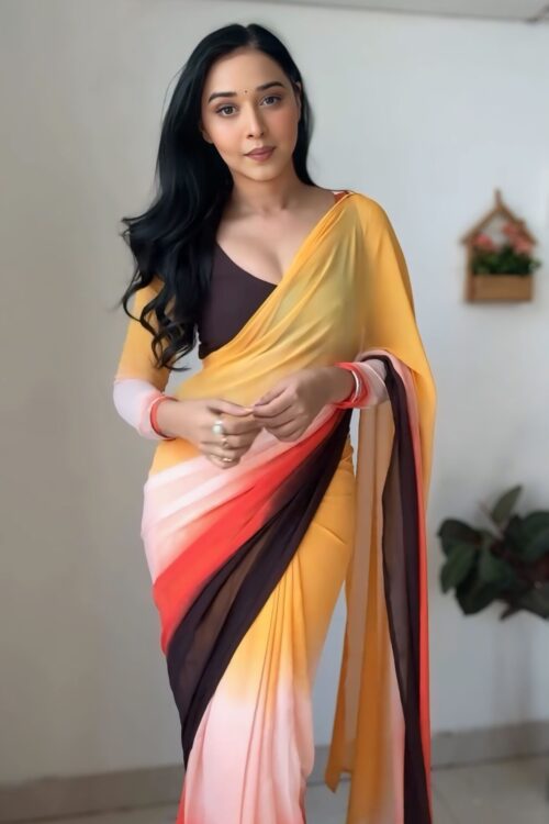 Yellow, Red, Peach, And Brown Shades Georgette ombre design Ready To Wear Saree With Unstitched Blouse