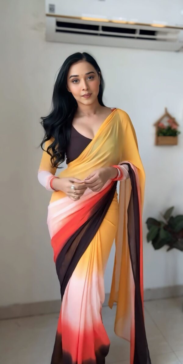 Yellow, Red, Peach, And Brown Shades Georgette ombre design Ready To Wear Saree With Unstitched Blouse
